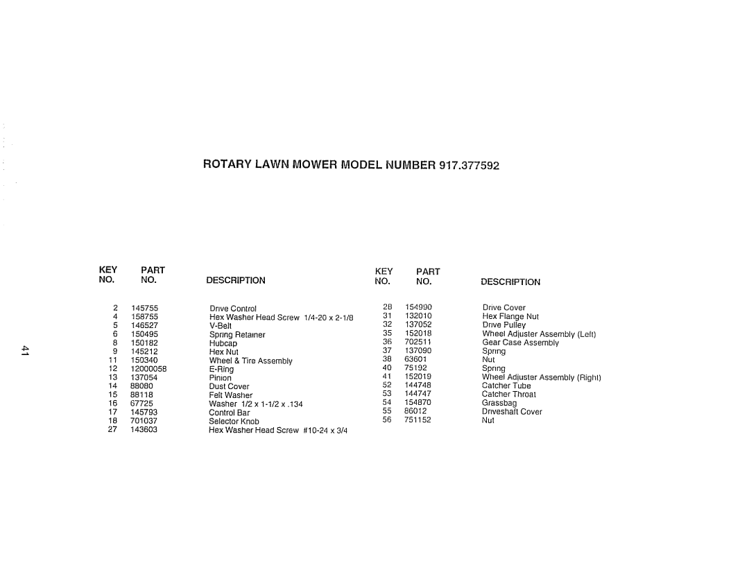 Craftsman 917.377592 manual Rotary Lawn Mower Model Number, KEY Part Description 