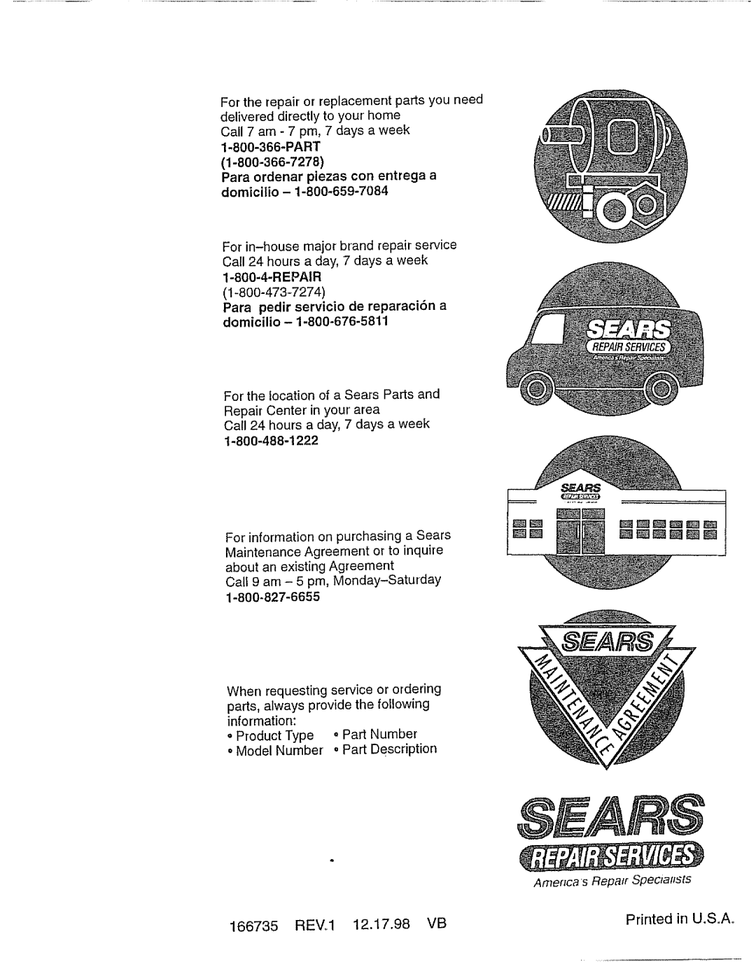 Craftsman 917.377592 REV.1, Call 7 arn 7 pro, 7 days a week 1-800-366-PART, Para ordenar piezas con entrega a domicilio 