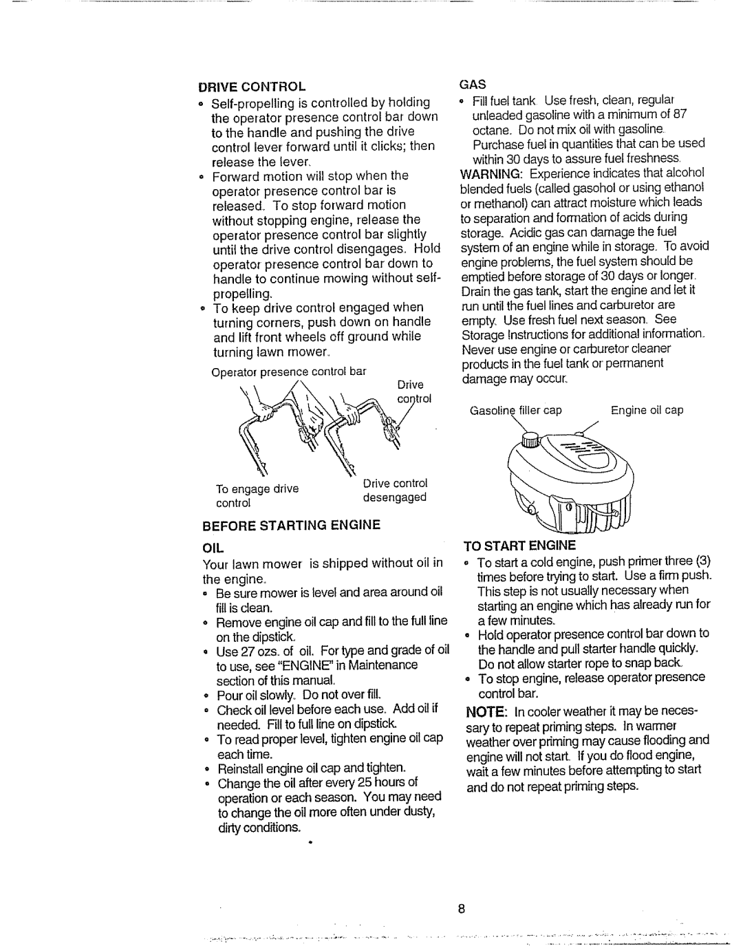 Craftsman 917.377592 manual Drive Control, Gas, Before Starting Engine, Oil, To Start Engine 