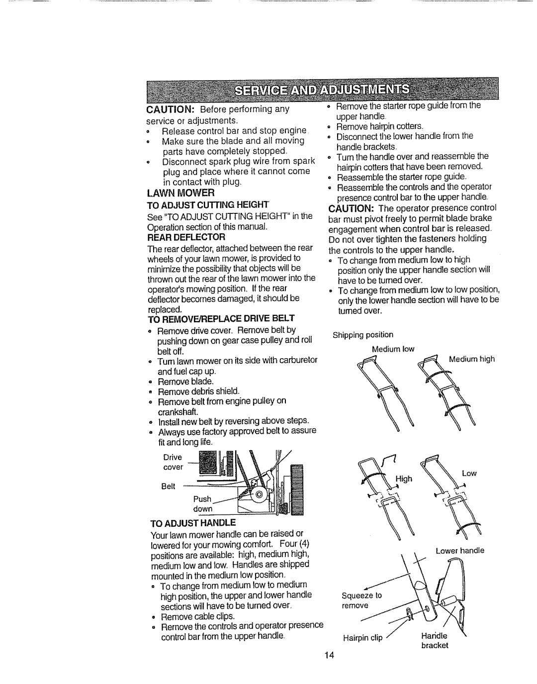 Craftsman 917.377592 manual CAUTION: Beforeperformingany serviceoradjustments, partshavecompletelystopped, To Adjust Handle 