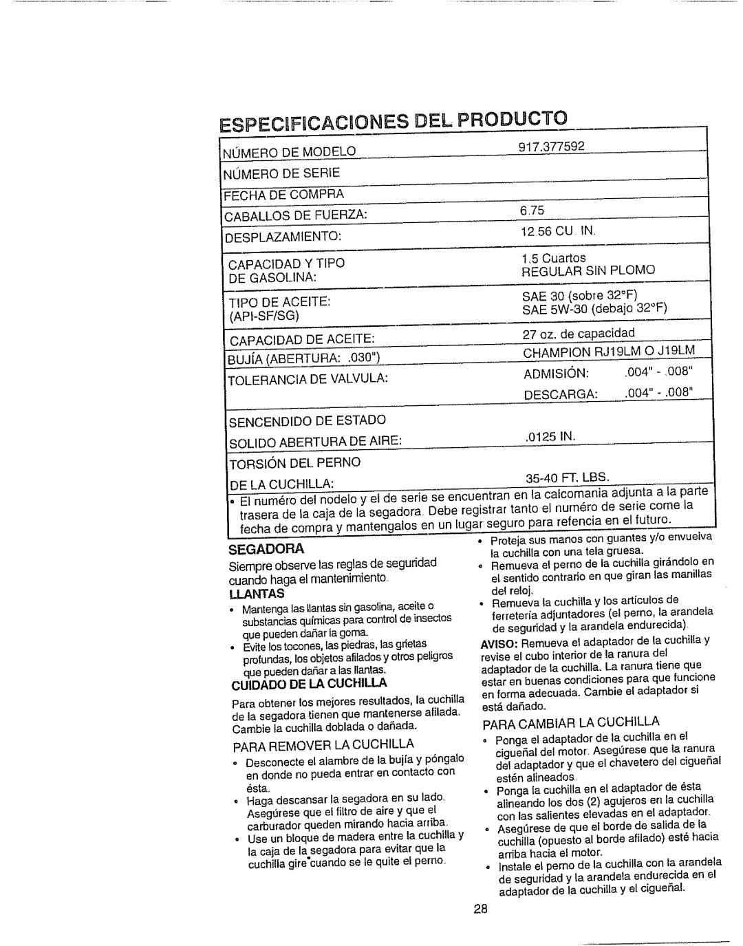 Craftsman 917.377592 manual ESPECIFiCACIONES, Del Producto, Segadora, Caballos, Regular, Llantas, del reloj_ 
