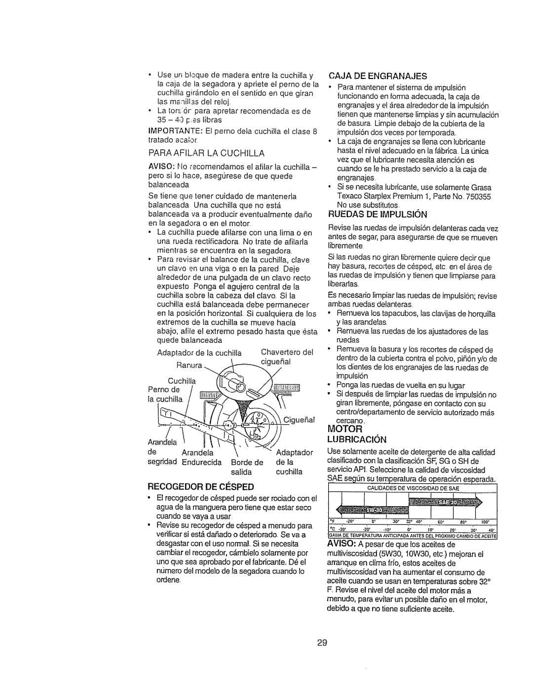 Craftsman 917.377592 manual Cigue al, Para Afilar La Cuchilla, Recogedor, De Cesped, Caja De Engranajes, Lubricacion 