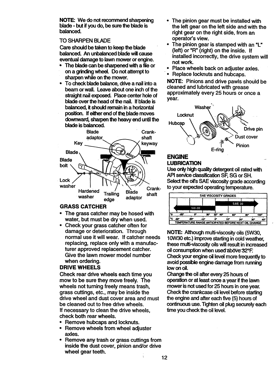 Craftsman 917.377631 owner manual To Sharpen Blade, Drive Wheels, Engine Lubrication, Grass Catcher 