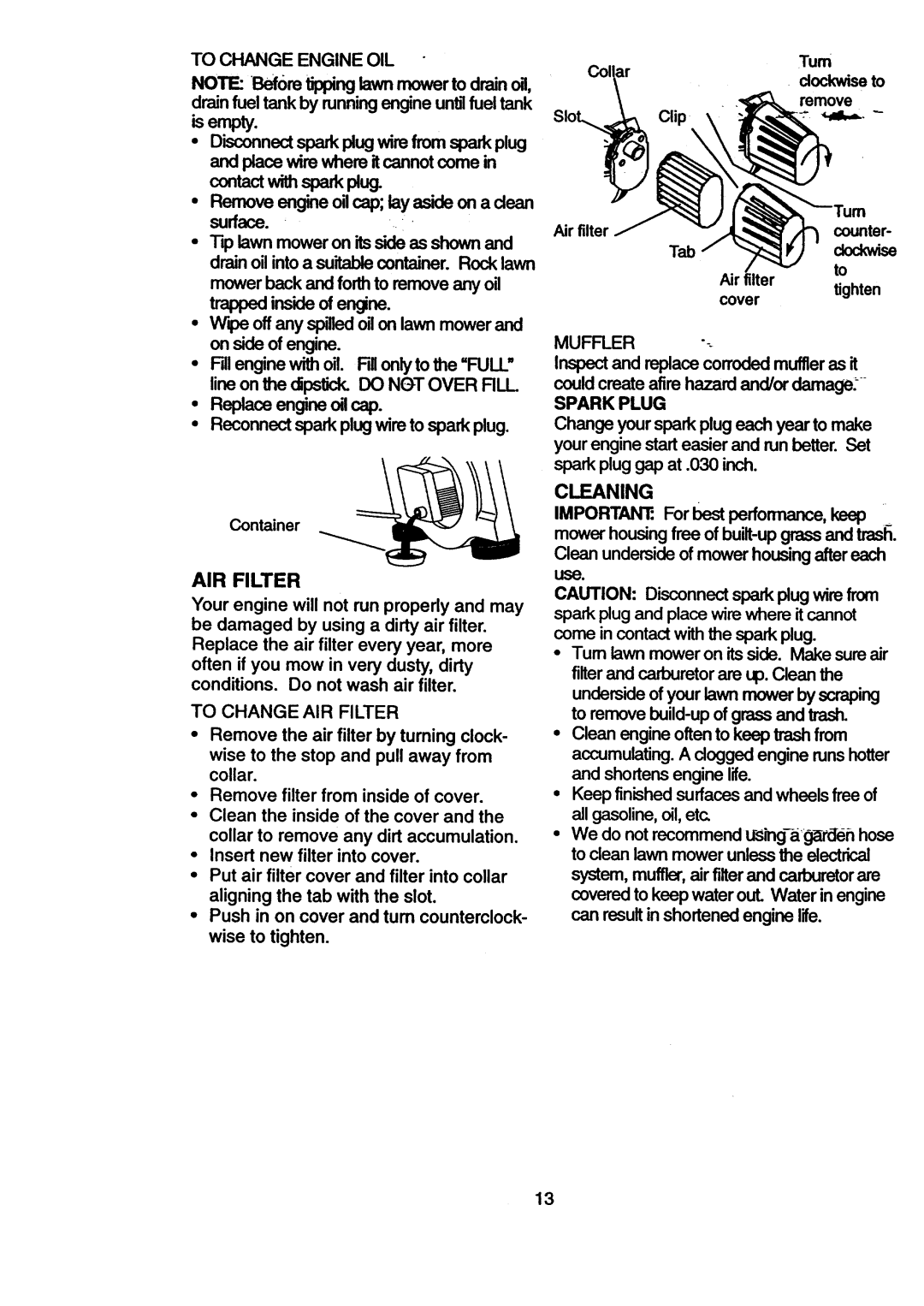 Craftsman 917.377631 owner manual AIR Filter, Muffler, Spark Plug, Cleaning 