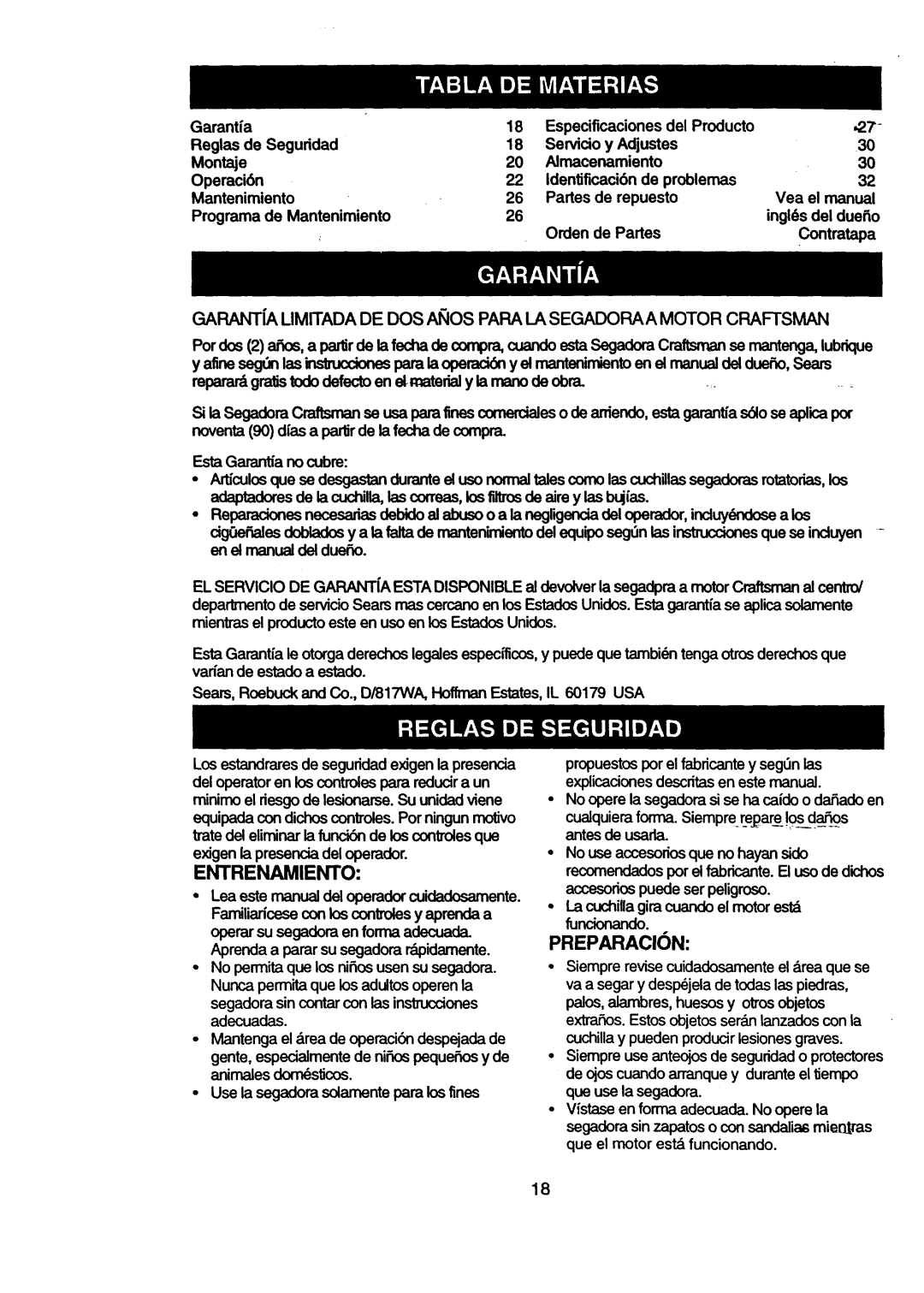 Craftsman 917.377631 owner manual Entrenamiento, PREPARAClON 