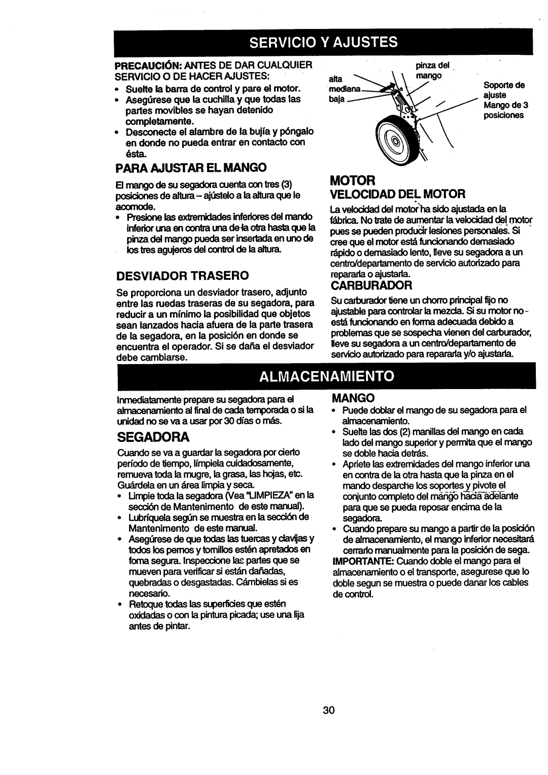 Craftsman 917.377631 owner manual Para Ajustar EL Mango, Desviador Trasero, VELOClDAD DEL Motor, Carburador 