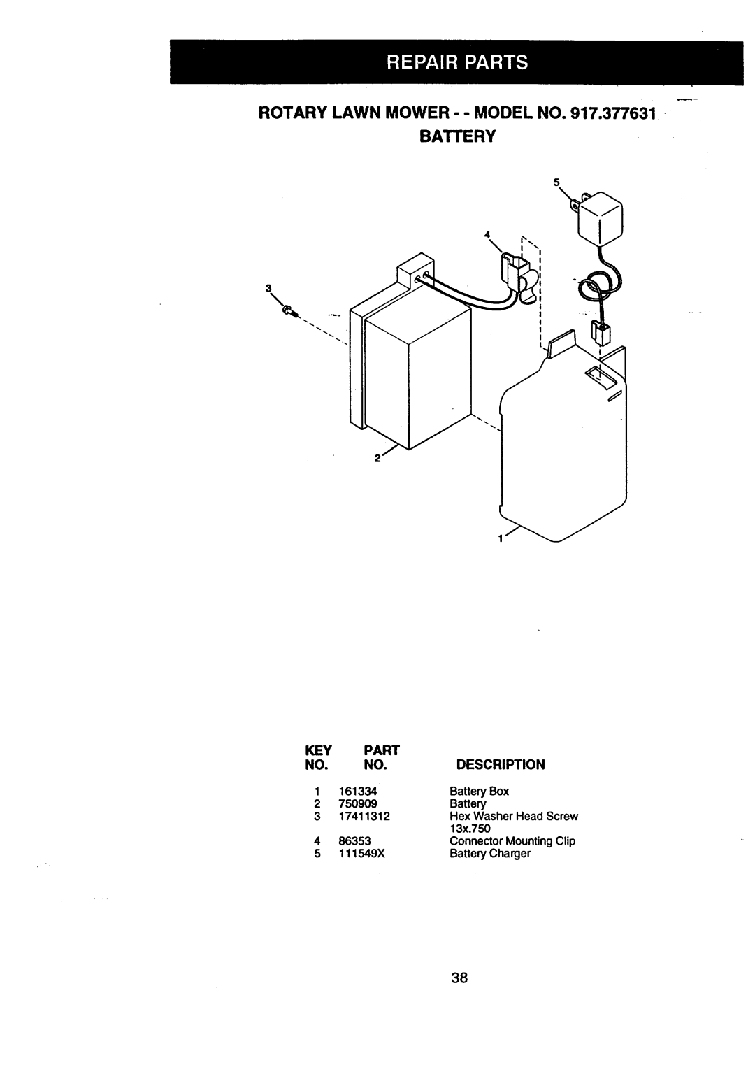 Craftsman 917.377631 owner manual Rotary Lawn Mower - Model no, Battery, KEY Part Description 