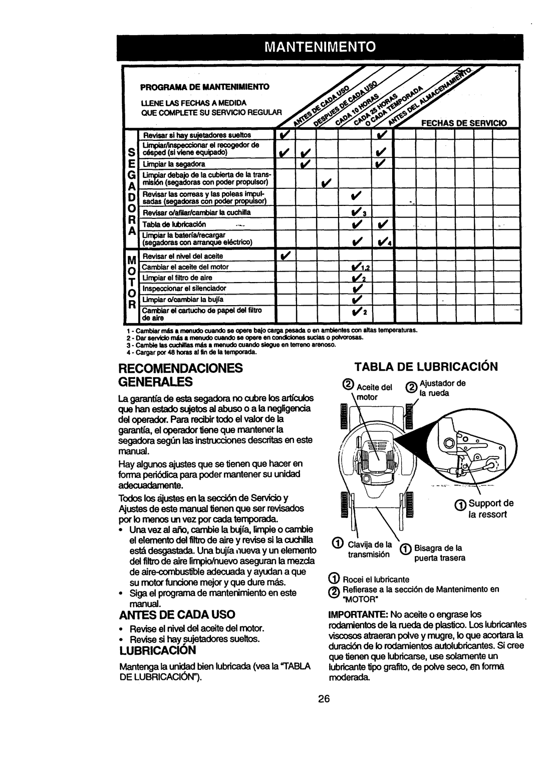 Craftsman 917.377631 owner manual Recomendaciones Generales, Antes De Cada Uso, LUBRICAClON, Tabla De Lubricacion 