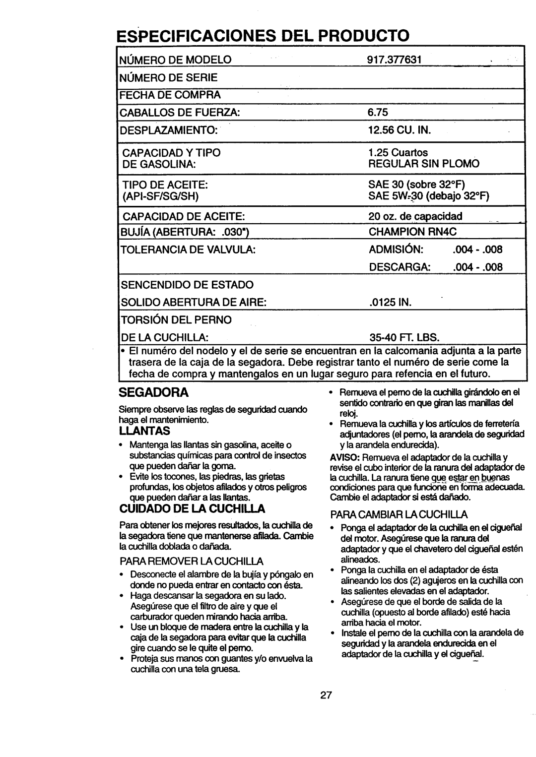 Craftsman 917.377631 owner manual Especificaciones, Del Producto, Segadora, Llantas, Cuidado De La Cuchilla 