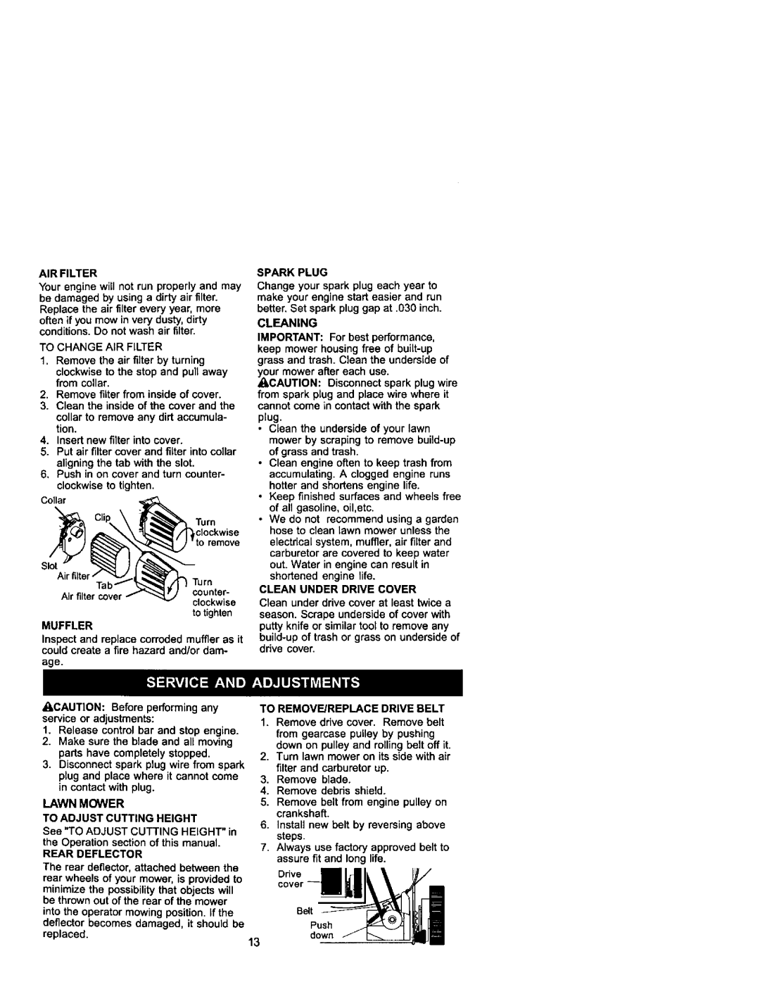 Craftsman 917.37841 owner manual AIR Filter, Spark Plug, Cleaning, Clean Under Drive Cover, Muffler, Rear Deflector 