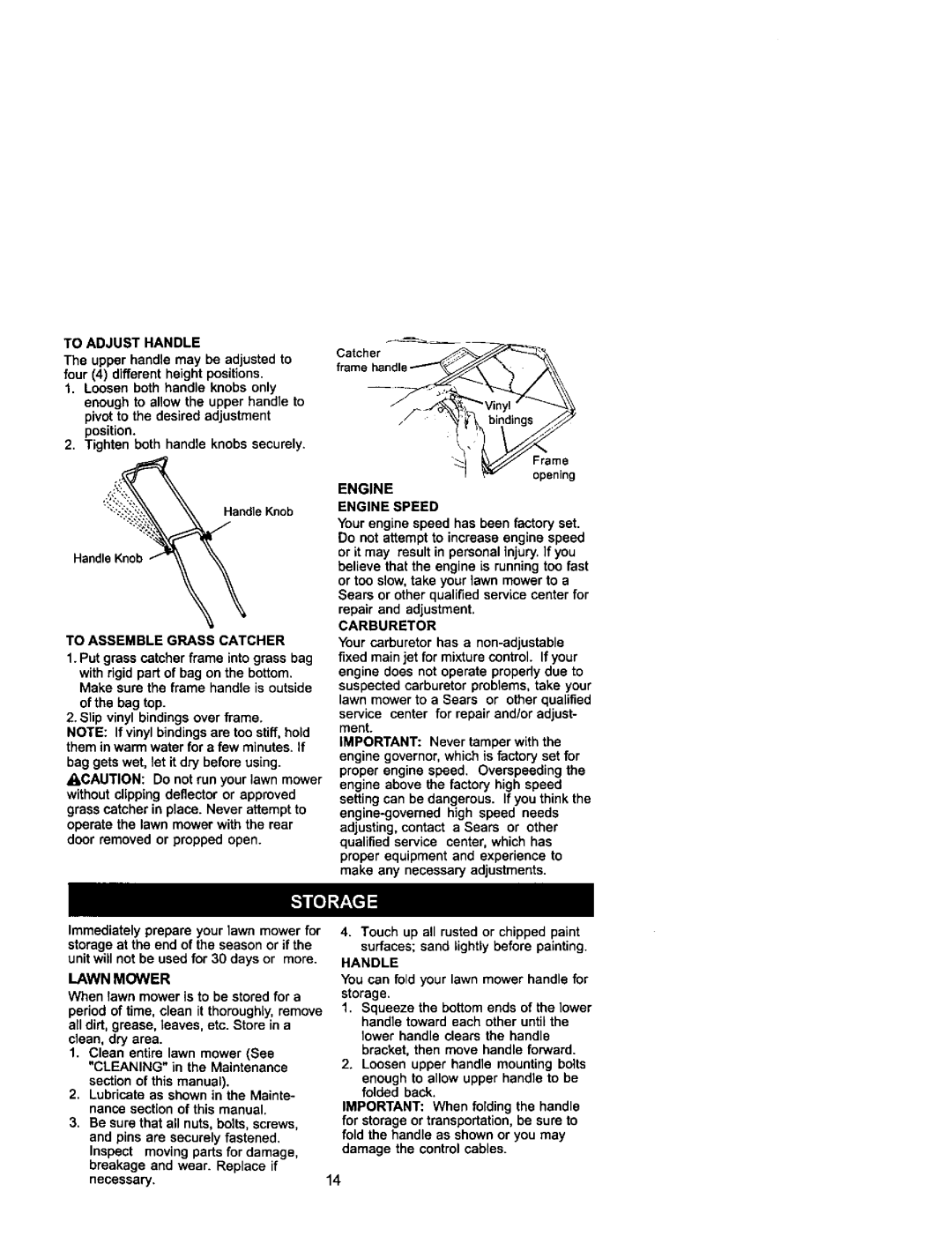 Craftsman 917.37841 owner manual To Adjust Handle, To Assemble Grass Catcher, Engine Engine Speed, Carburetor 