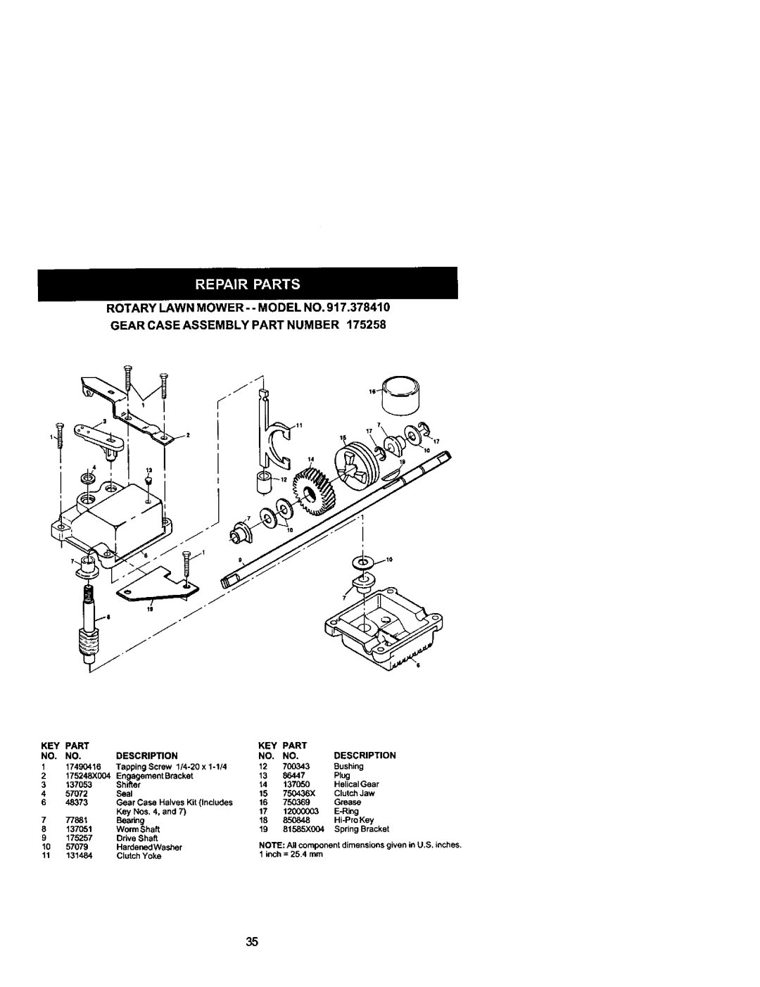 Craftsman 917.37841 owner manual Rotary Lawn MOWER- Model no Gear Case Assembly Part Number 