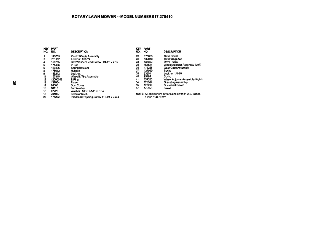 Craftsman 917.37841 owner manual KEY Part Description 