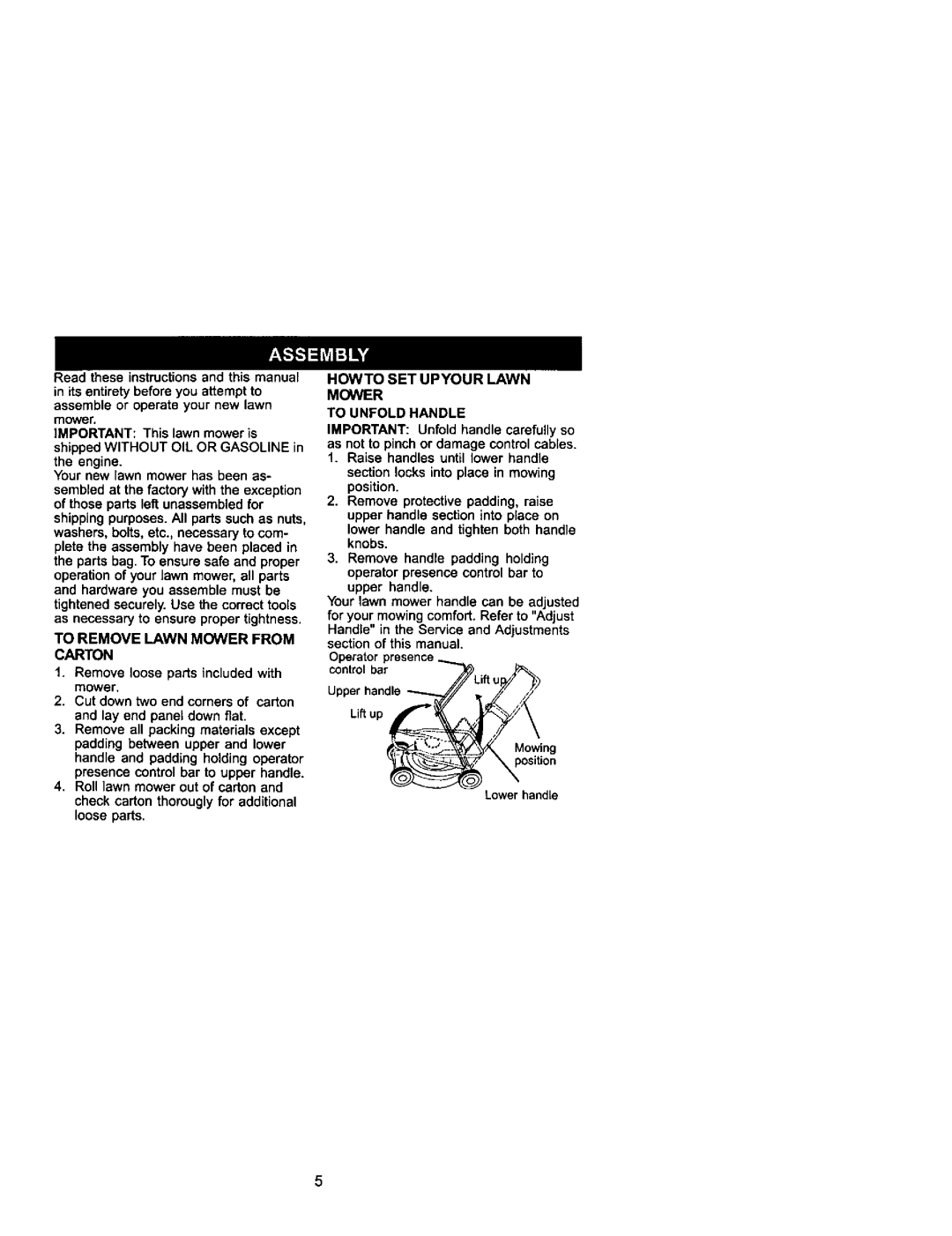 Craftsman 917.37841 owner manual To Remove Lawn Mower from Carton, Howto SET Upyour Lawn Mower To Unfold Handle 