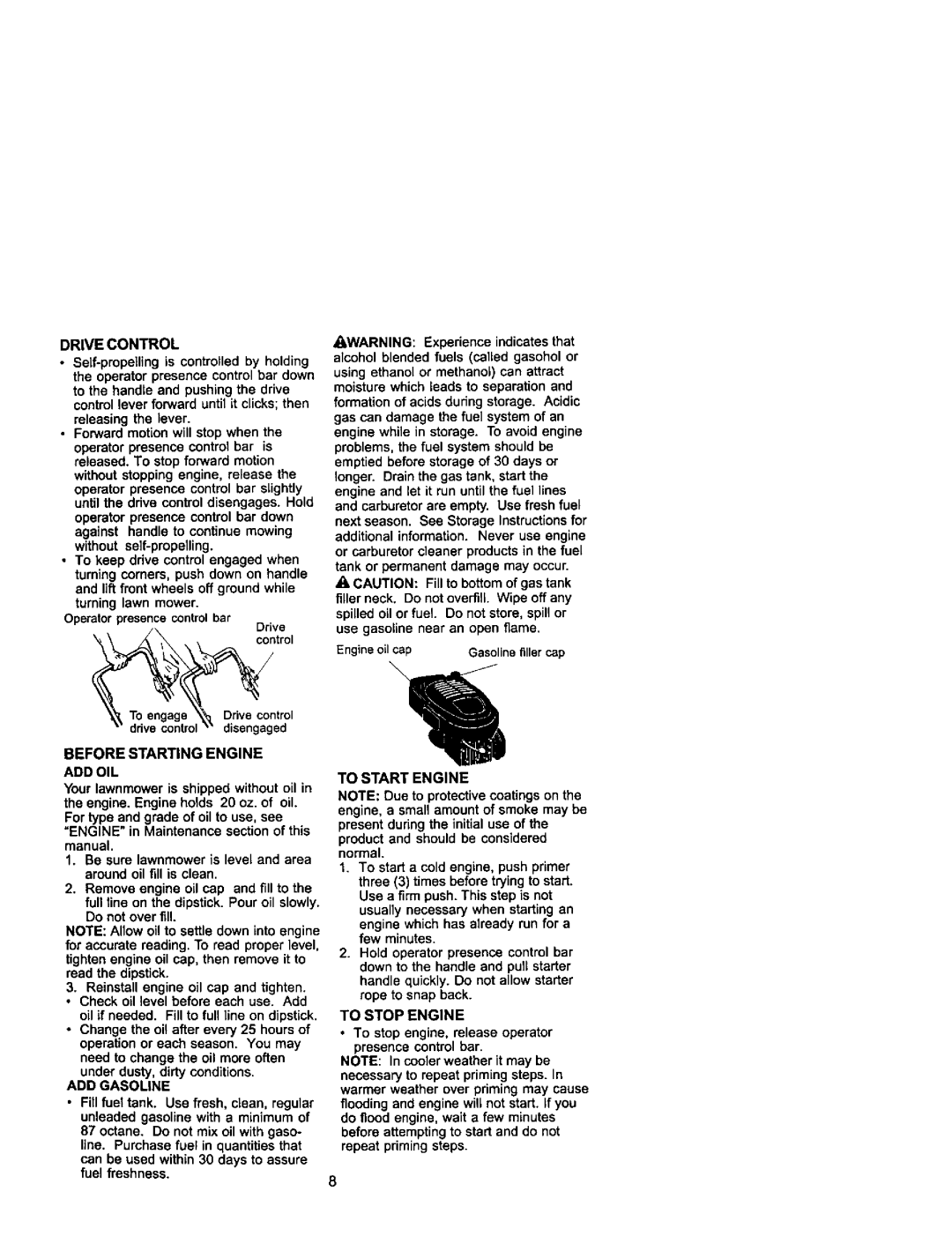 Craftsman 917.37841 Drive Control, Before Starting Engine ADD OIL, ADD Gasoline, To Start Engine, To Stop Engine 