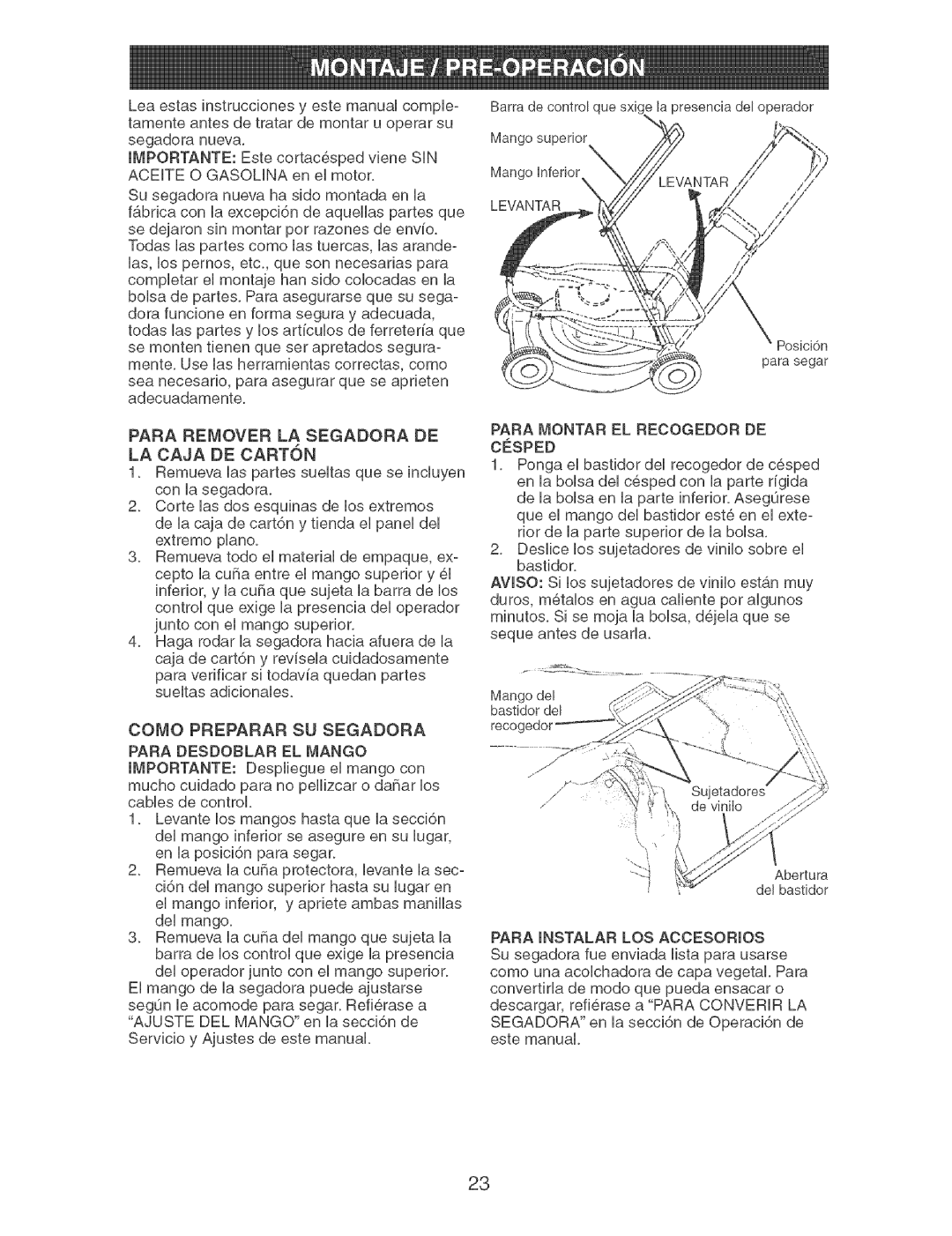 Craftsman 917.37892 manual Para Remover LA Segaoora DE LA Caja DE CART6N, Para Montar EL Recogedor DE Cesped 