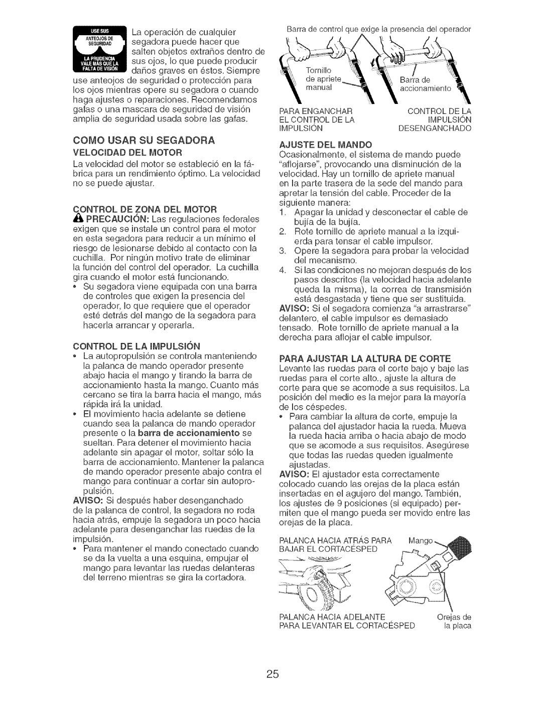 Craftsman 917.37892 manual Control DE LA I,IPULSI6N, Bajar EL Cortacesped 