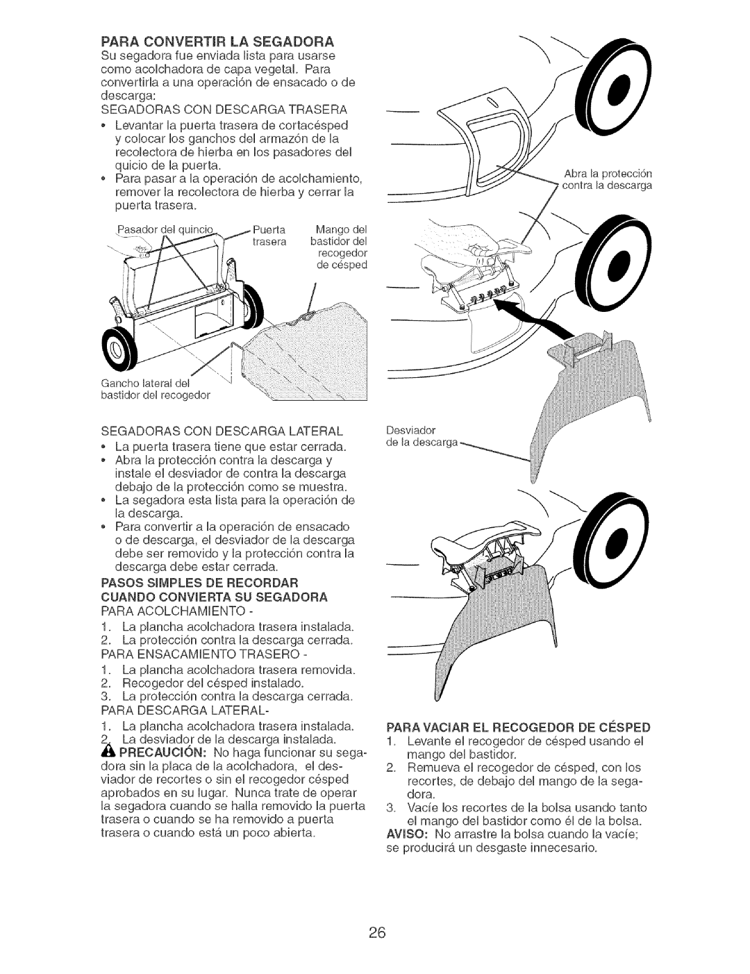 Craftsman 917.37892 manual Para CONVERTmR LA Segadora, Segadoras CON Descarga Trasera, Segadoras CON Descarga Lateral 