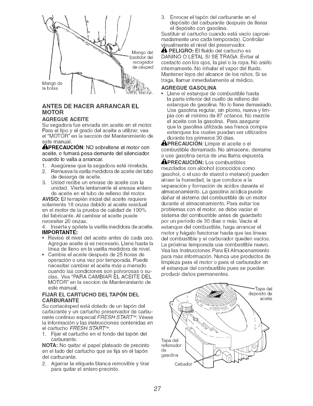 Craftsman 917.37892 manual Antes DE Hacer Arrancar EL Motor, Fijar EL Cartucho DELTAP6N DEL Carburante 