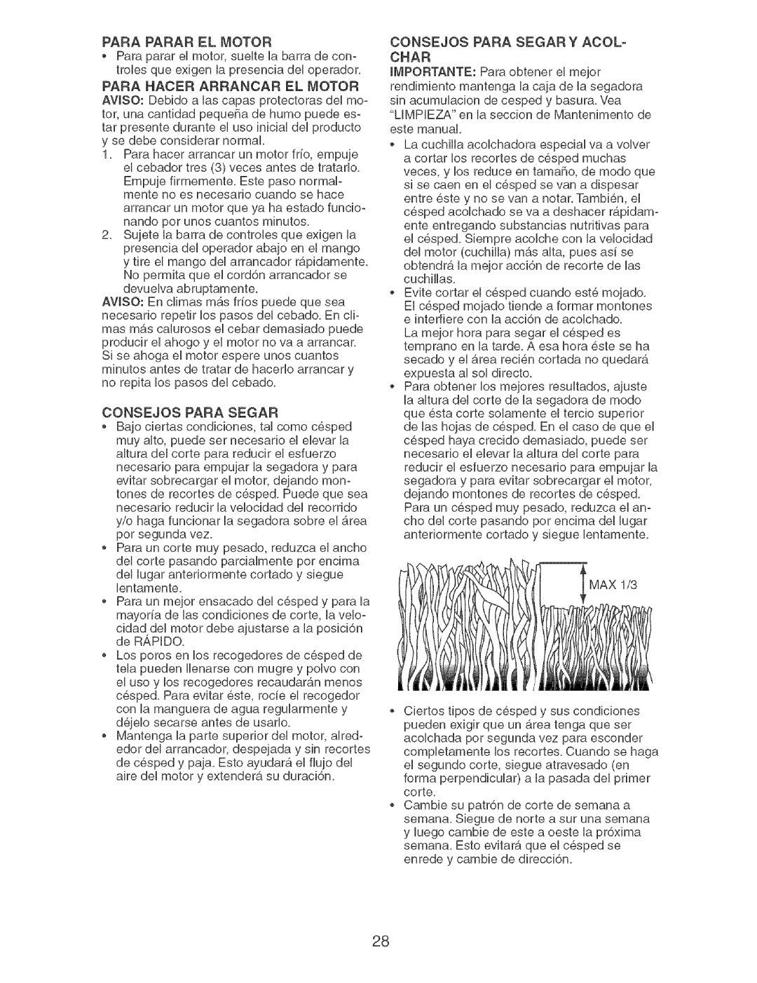 Craftsman 917.37892 manual Para Hacer Arrancar EL Motor, Consejos Para Segar Y ACOL= Char 