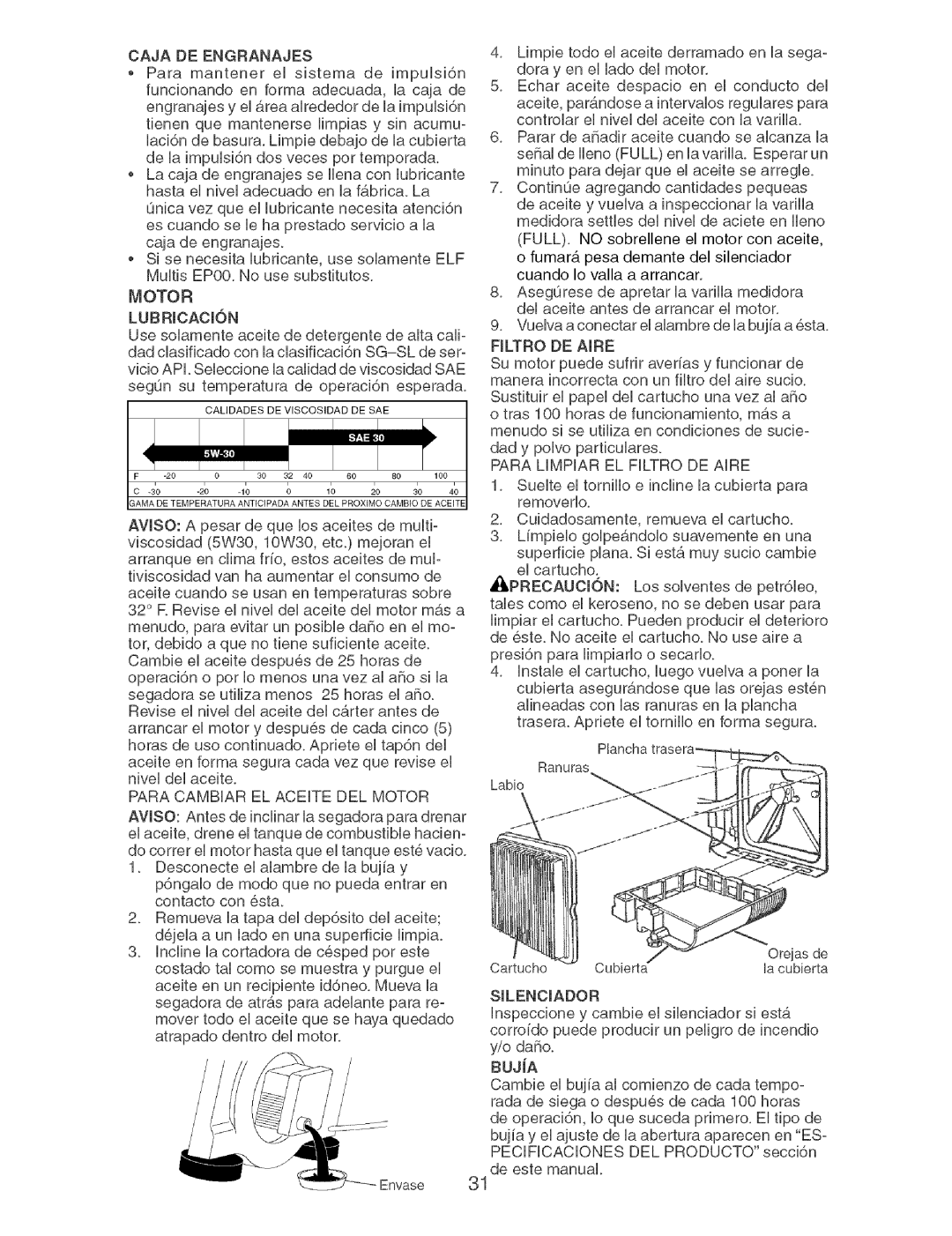 Craftsman 917.37892 manual Para Cambiar EL Acefe DEL Motor, Rltro DE Aire, Para Limpiar EL Filtro DE Aire, Bujia 