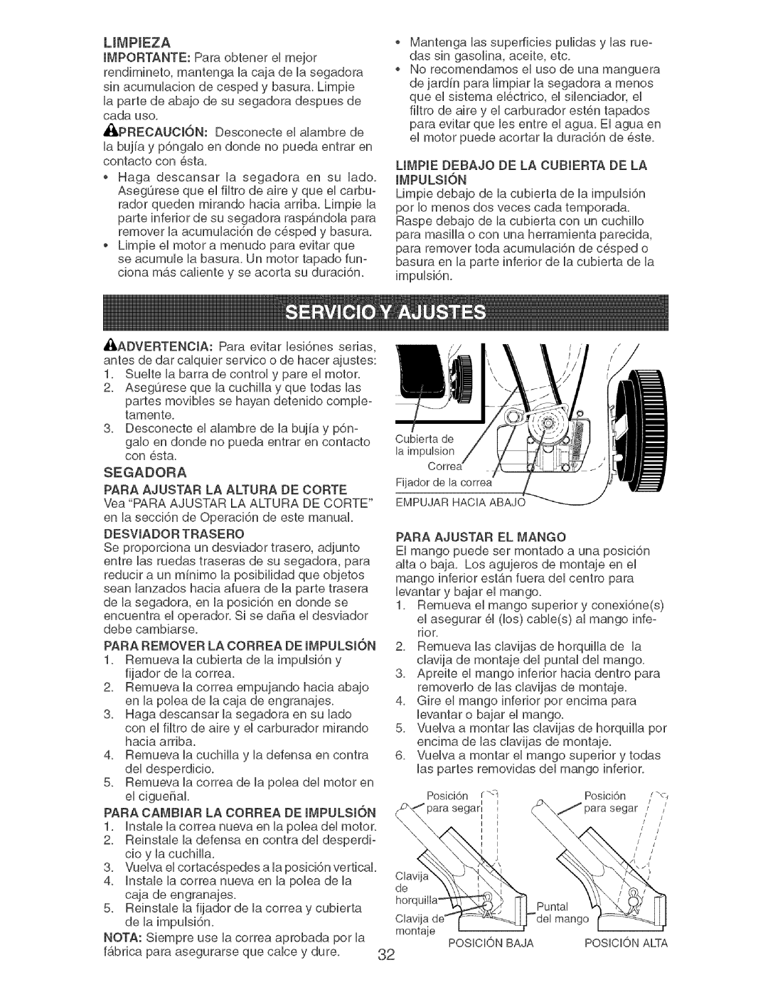 Craftsman 917.37892 manual Segadora, Limpie Debajo DE LA Cubierta DE LA, Para Cambiaf LA Correa DE Impulsisn 