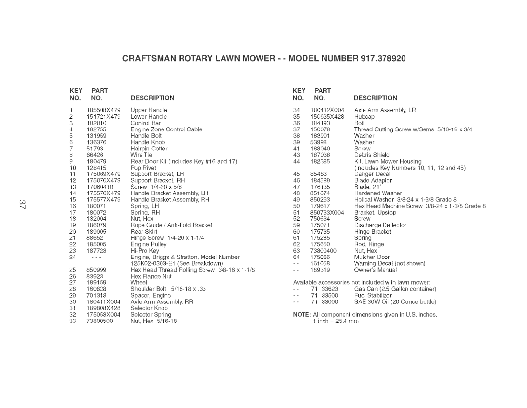 Craftsman 917.37892 manual Craftsman Rotary Lawn Mower Model Number, KEY Part NO. no 