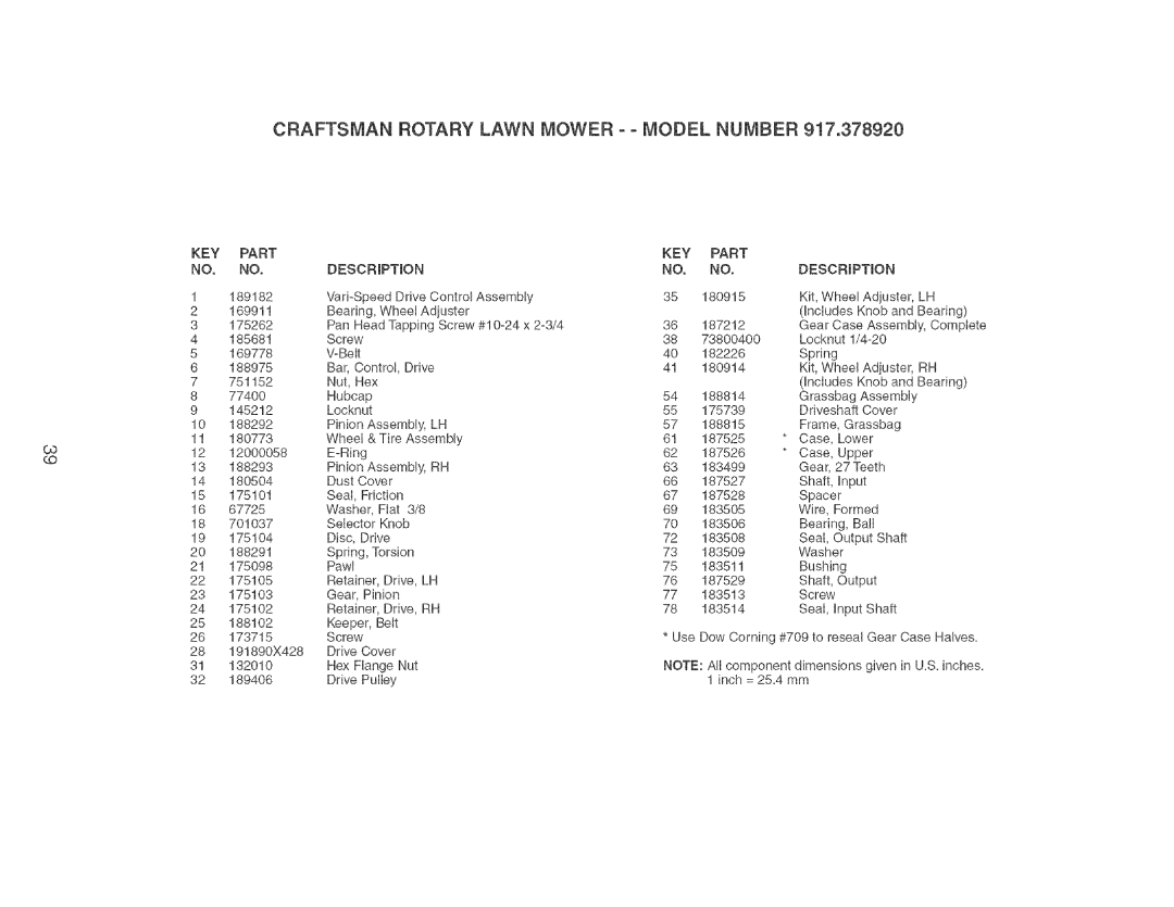 Craftsman 917.37892 manual Craftsman Rotary Lawn Mower + Model Number, KEY Part Description 