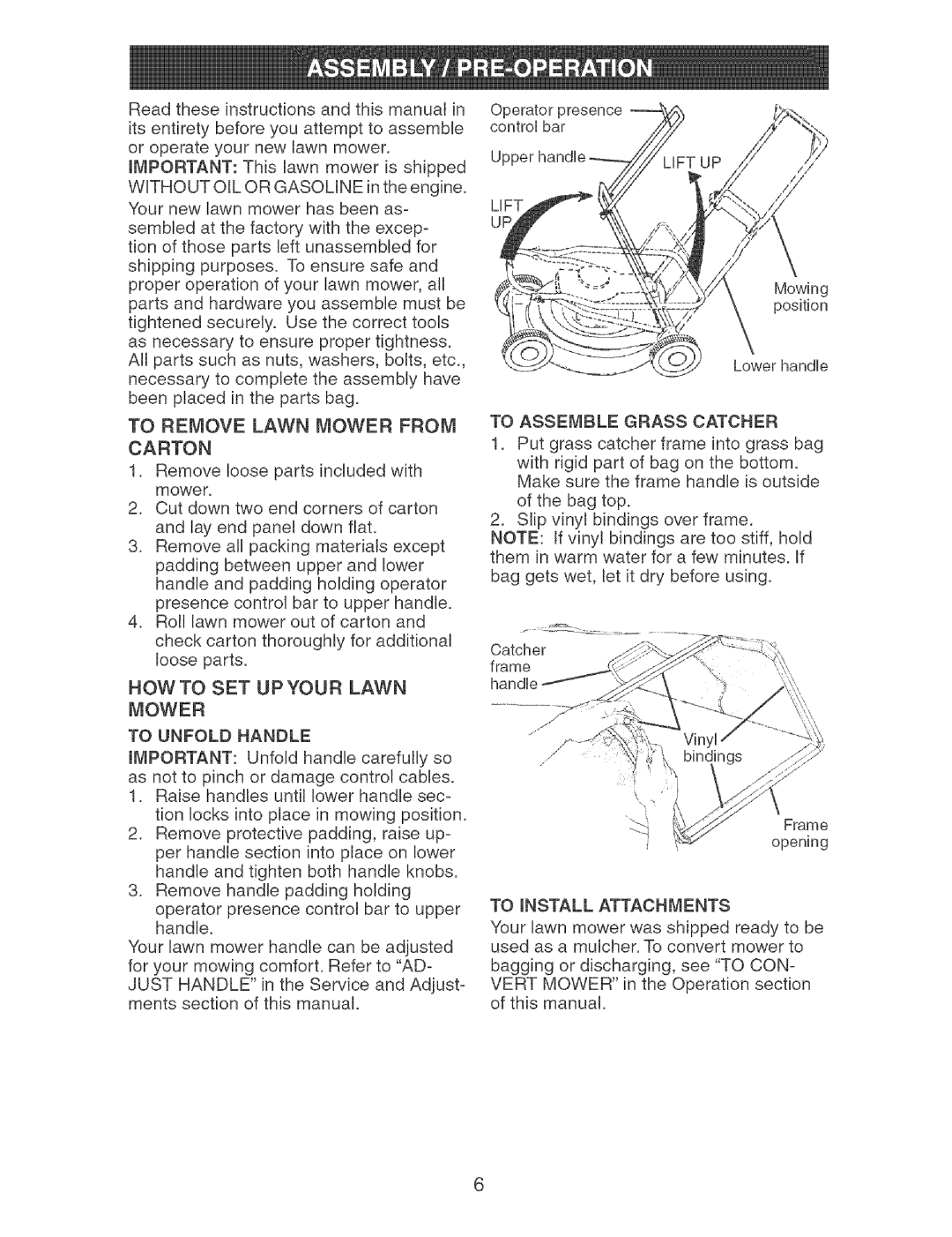 Craftsman 917.37892 manual To Remove Lawn Mower from Carton, To Unfold Handle, Uft, To Assemble Grass Catcher 