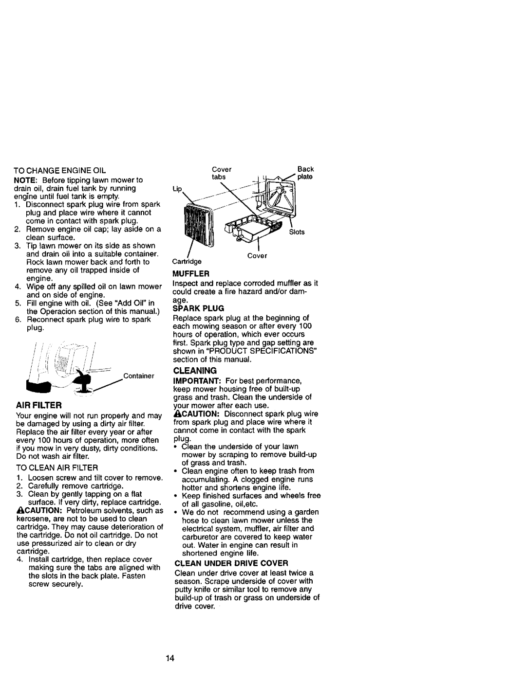 Craftsman 917.37945 owner manual AIR Filter, Muffler, Spark Plug, Cleaning, Clean Under Drive Cover 