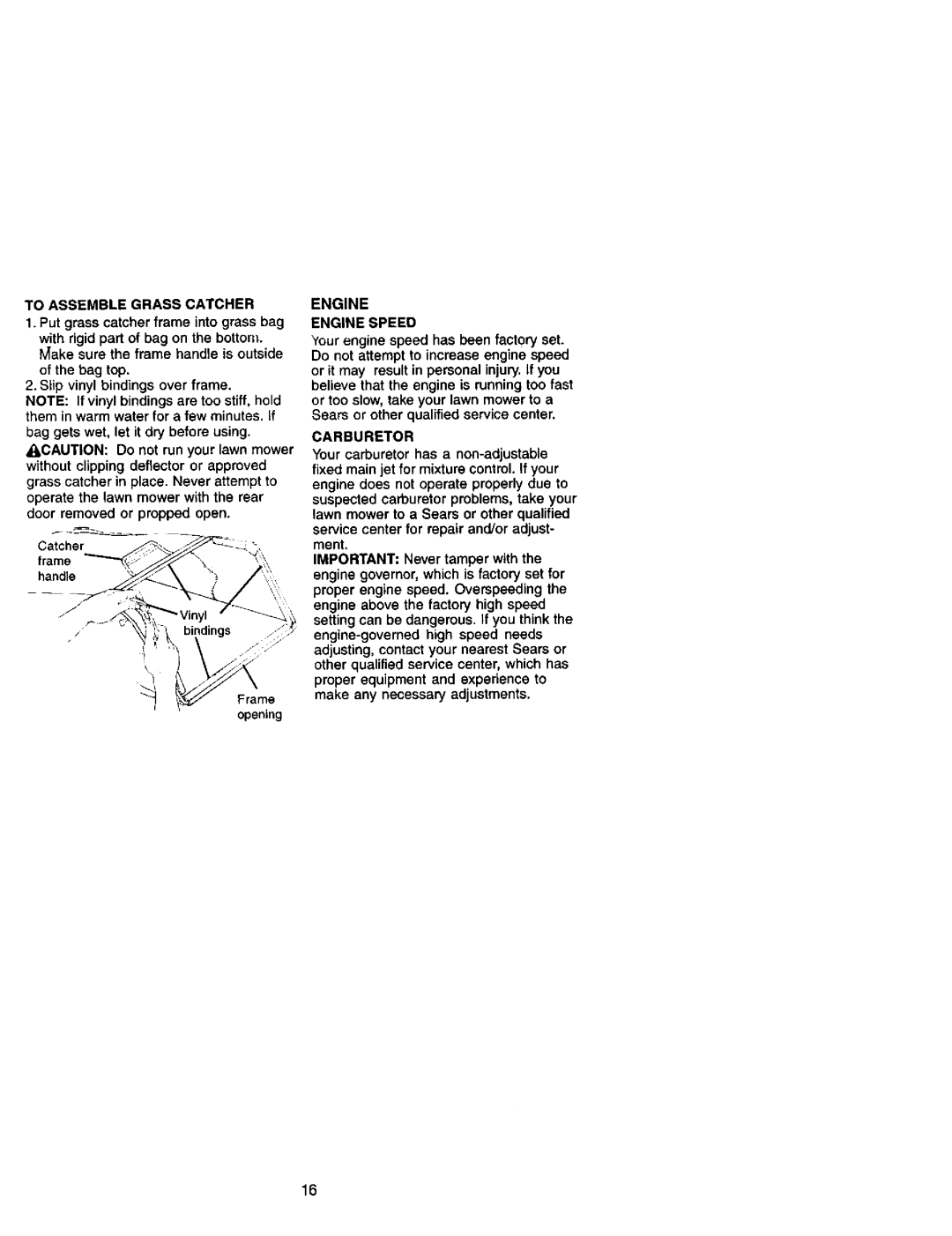 Craftsman 917.37945 owner manual To Assemble Grass Catcher, Handle, Engine Engine Speed, Carburetor 