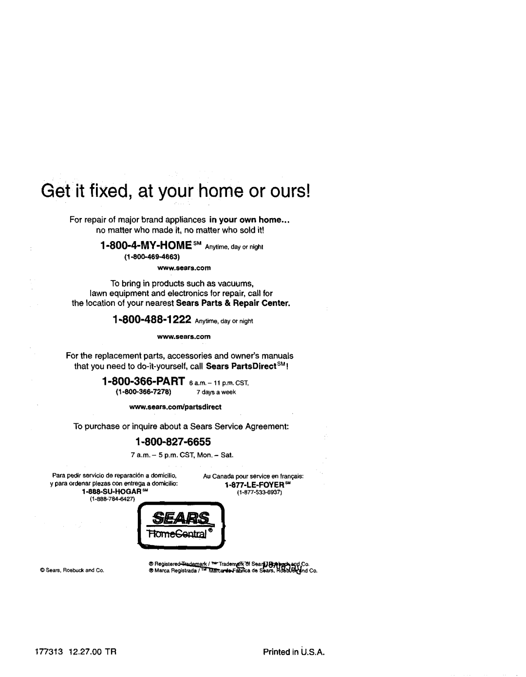 Craftsman 917.37945 owner manual Getit fixed, at your home or ours 