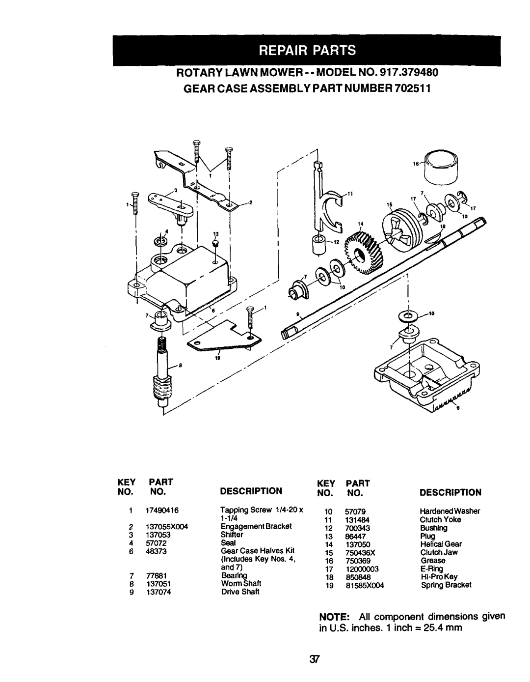 Craftsman 917.379480 owner manual Rotary Lawn Mower --MODEL no Gear Case Assembly Part Number, KEY Part Description 