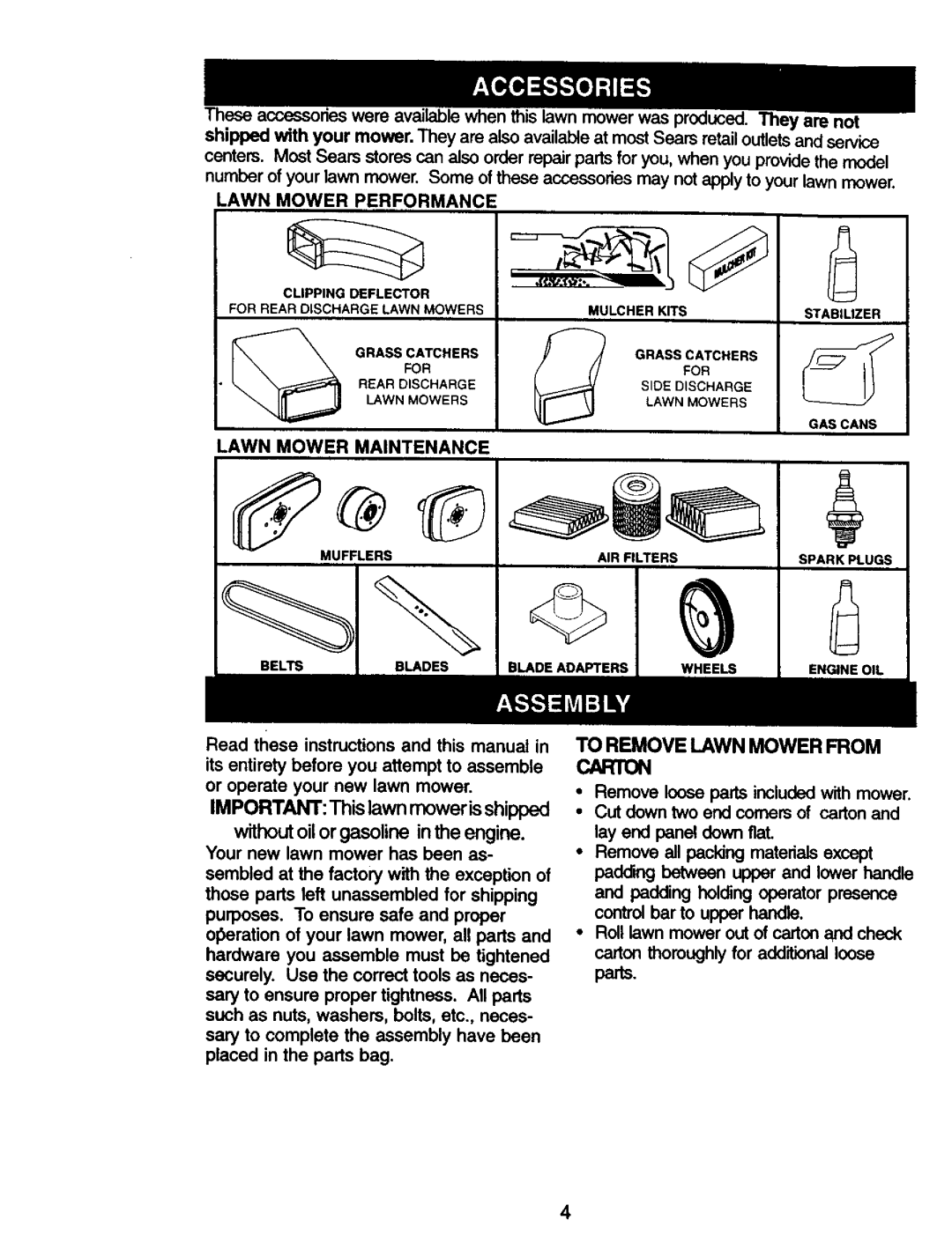 Craftsman 917.379480 owner manual To Remove Lawnmower from Carton, Lawn Mower Performance, Lawn Mower Maintenance 