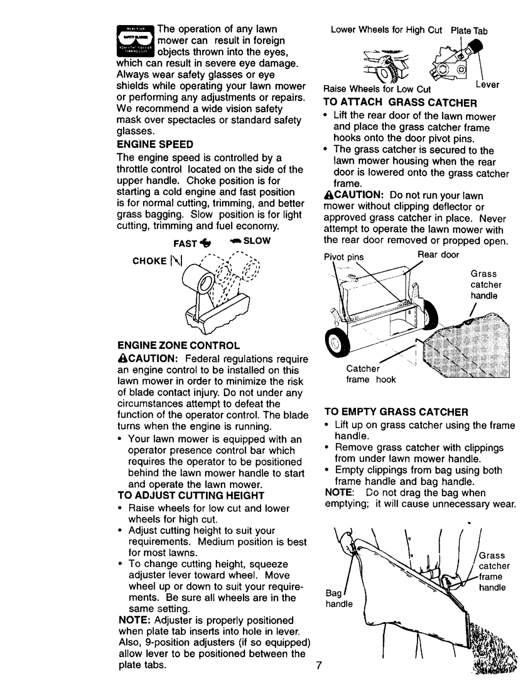 Craftsman 917.379480 Engine Speed, Choke, To Attach Grass Catcher, Engine Zone Control, To Adjust Cutting Height 