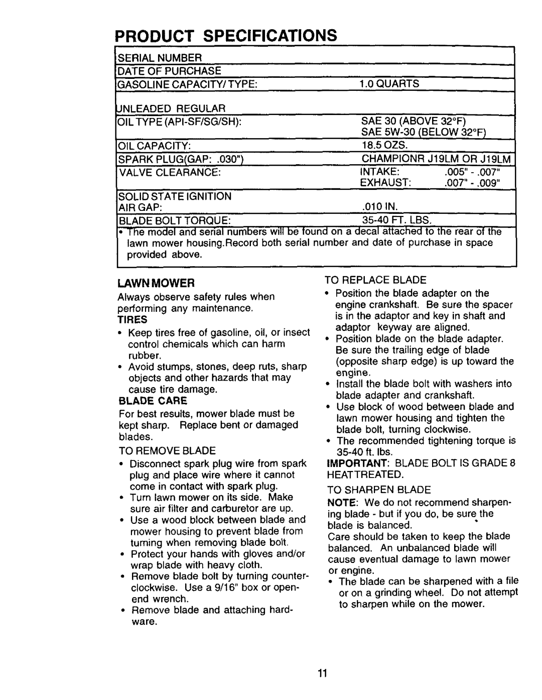 Craftsman 917.379480 owner manual Product, Specifications, Lawn Mower 