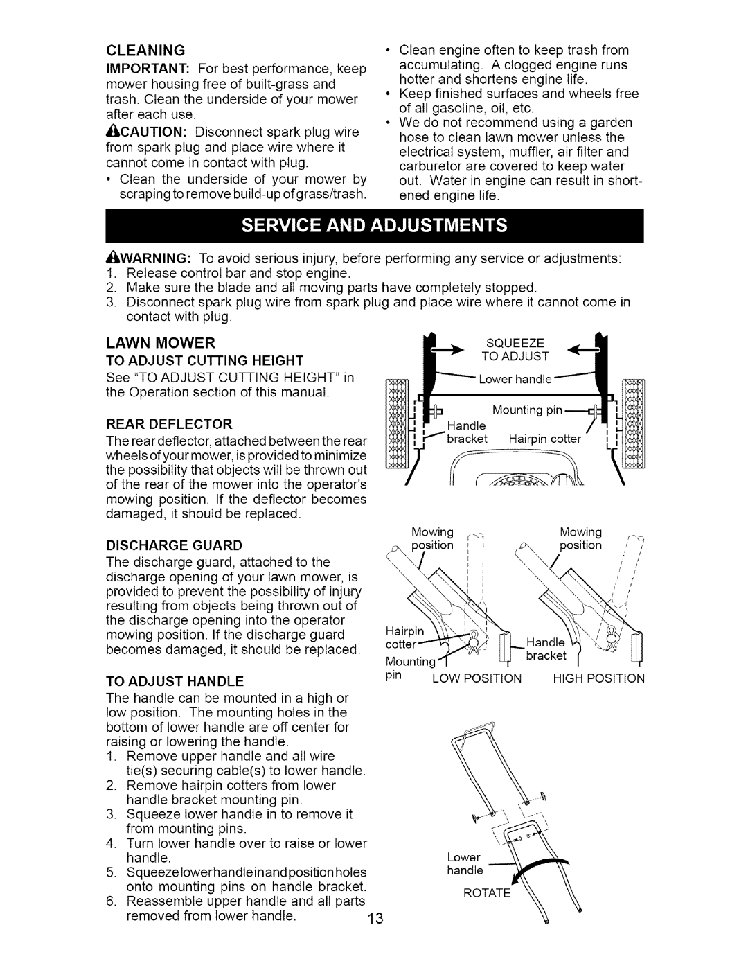 Craftsman 917.385120 manual Cleaning, Lawn Mower To Adjust Cutting Height, To Adjust Handle 