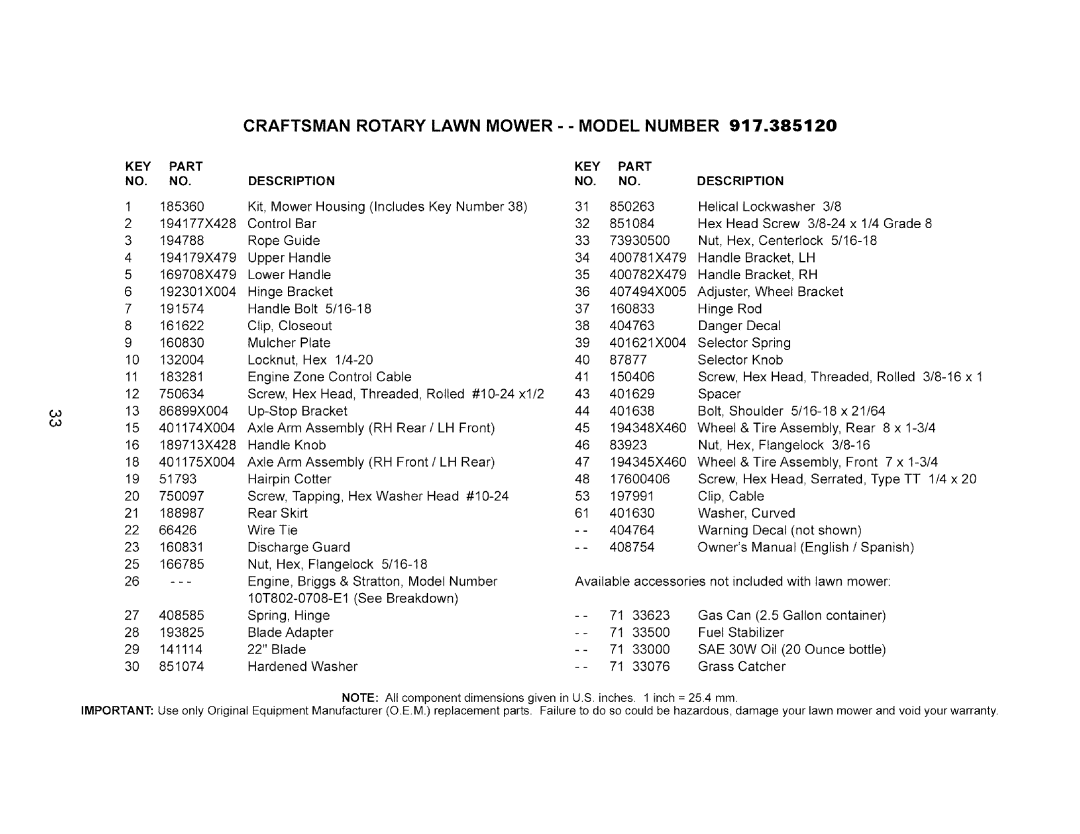 Craftsman 917.385120 manual Craftsman Rotary Lawn Mower - Model Number 