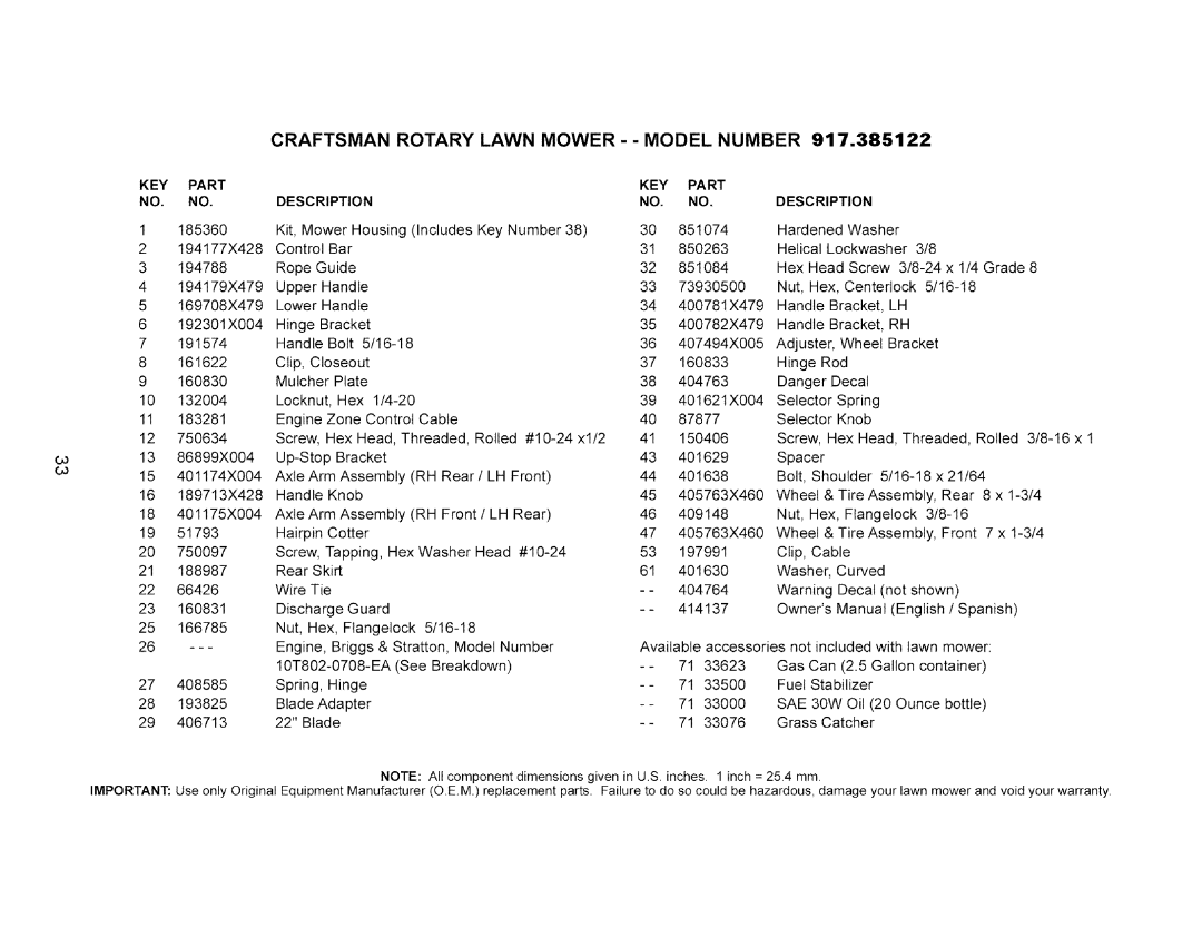 Craftsman 917.385122 manual Craftsman Rotary Lawn Mower - Model Number 