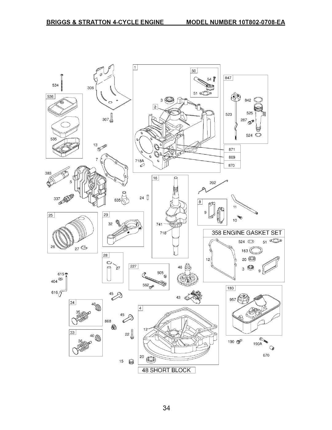 Craftsman 917.385122 manual Briggs & Stratton 4-CYCLE Engine, Model Number 10T802-0708-EA, Engine Gasket SET 