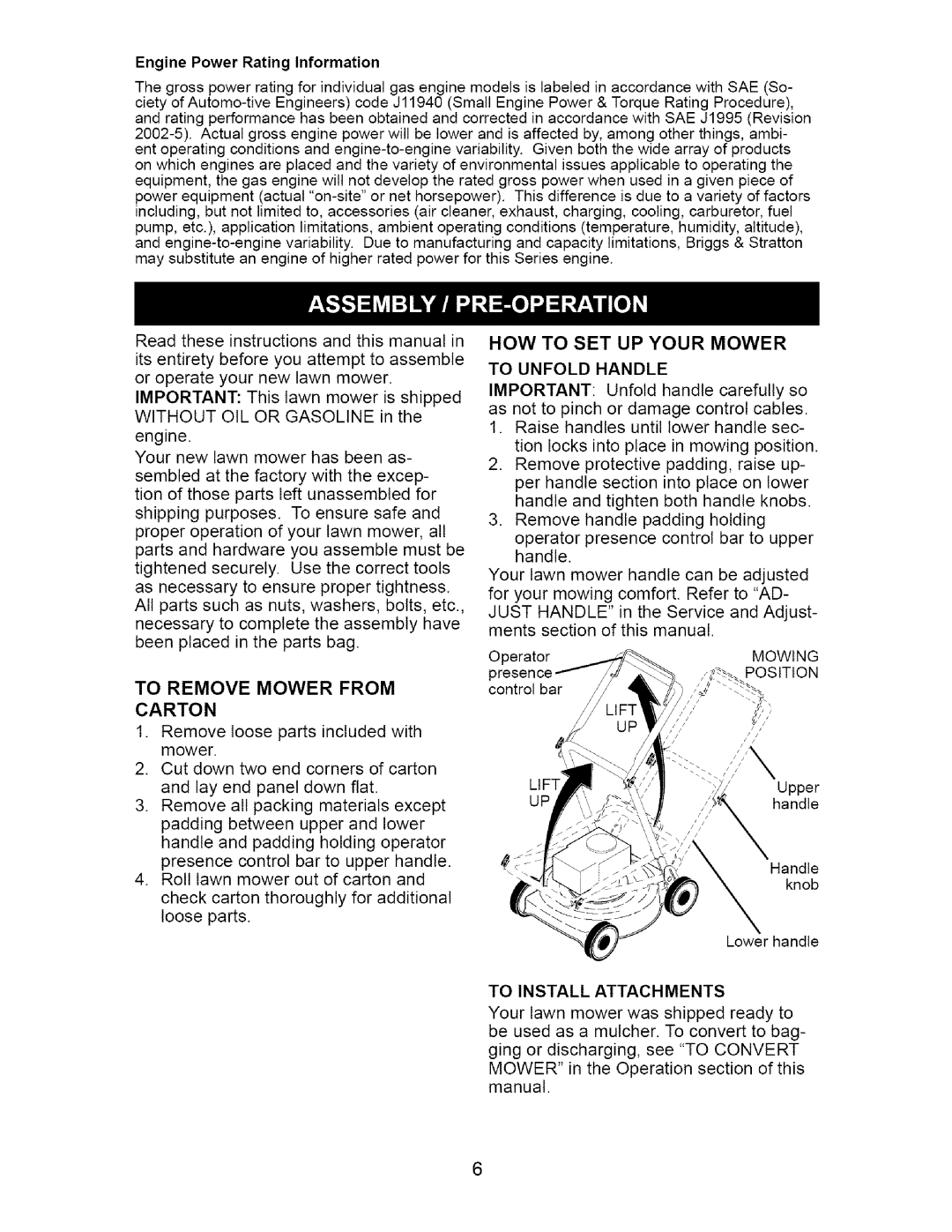 Craftsman 917.385122 manual Engine Power Rating Information, To Remove Mower from Carton, To Unfold Handle 