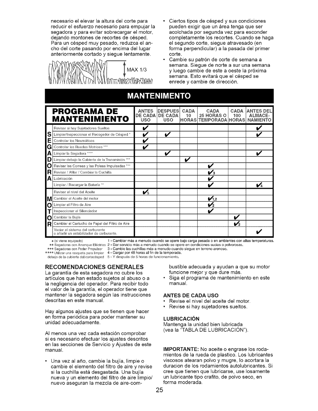 Craftsman 917.385122 manual Programa De, ANTESDEsPuEsCADA CADA CADAANTESDEL, Recomendaciones Generales 