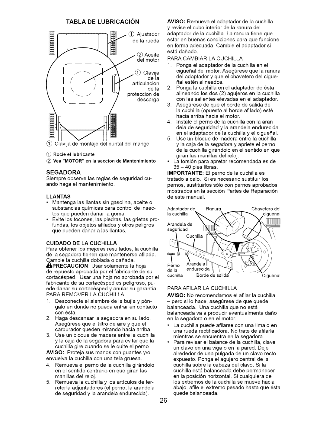 Craftsman 917.385122 manual Tabla De Lubricacion, Segadora 