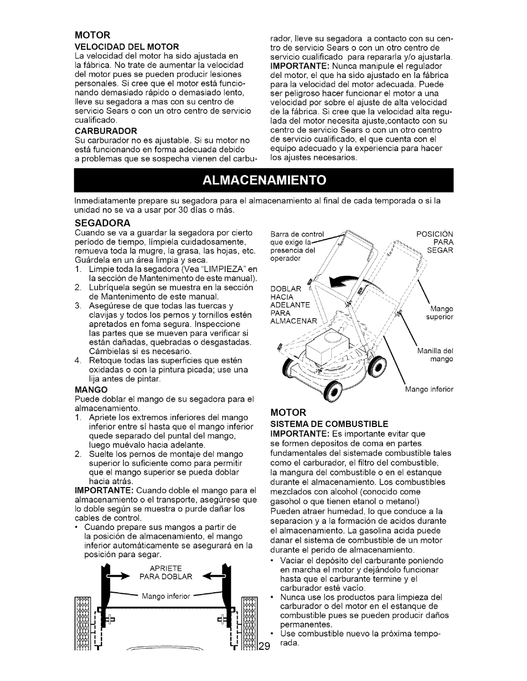 Craftsman 917.385122 manual Mango, Motor Sistema De Combustible, IMPORTANTE: Es importante evitar que 