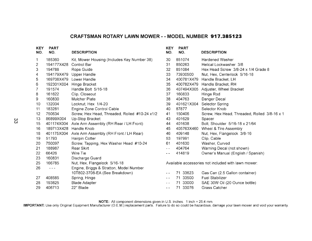 Craftsman 917.385123 owner manual Craftsman Rotary Lawn Mower - Model Number 