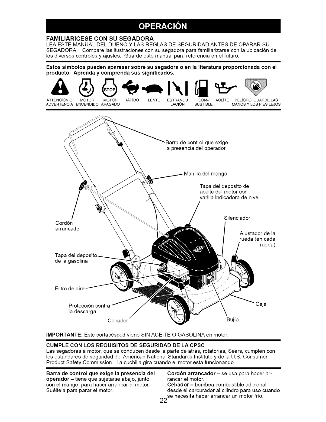 Craftsman 917.385124 owner manual Familiaricese CON SU Segadora, Cumple CON LOS Requisitos DE Seguridad DE LA Cpsc 