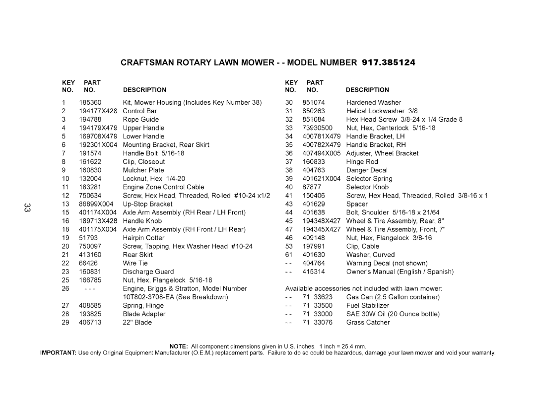 Craftsman 917.385124 owner manual Craftsman Rotary Lawn Mower - Model Number 