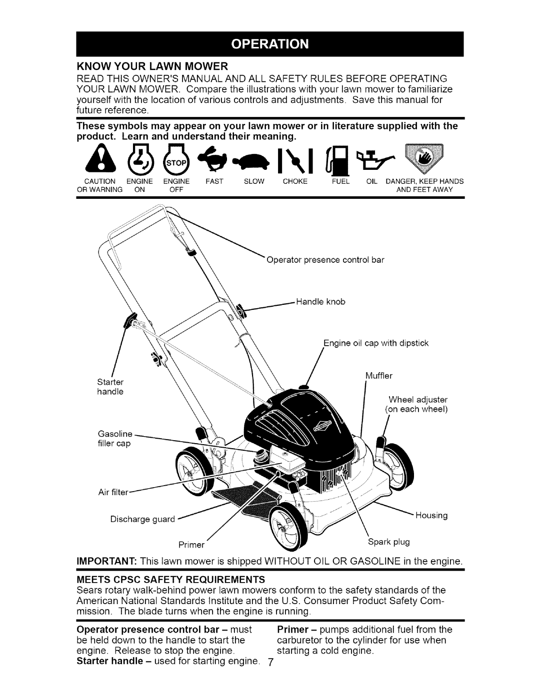 Craftsman 917.385124 Know Your Lawn Mower, product. Learn and understand their meaning, Meets Cpsc Safety Requirements 