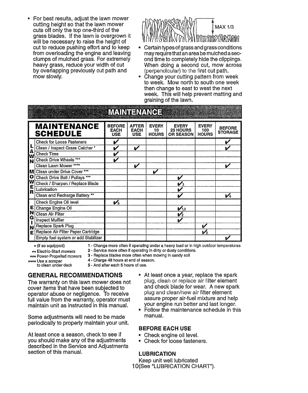 Craftsman 917.385125 owner manual General Recommendations, Before Each USE, Lubrication, Keep unit well lubricated 