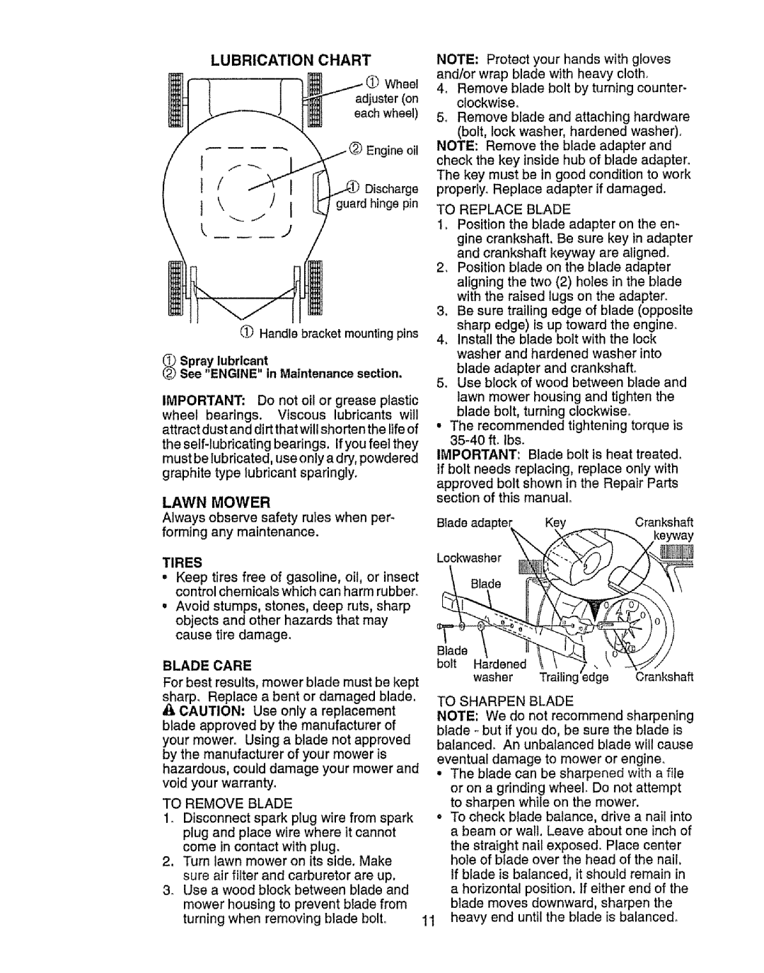 Craftsman 917.385125 owner manual Lubrication, Lawn Mower, Tires, Blade Care 